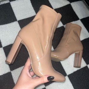 Patent Taupe Beige Nude Audrella Heel Boot Booties